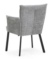 Rückansicht eines grauen Armlehnstuhls mit schwarzem Metallgestell.