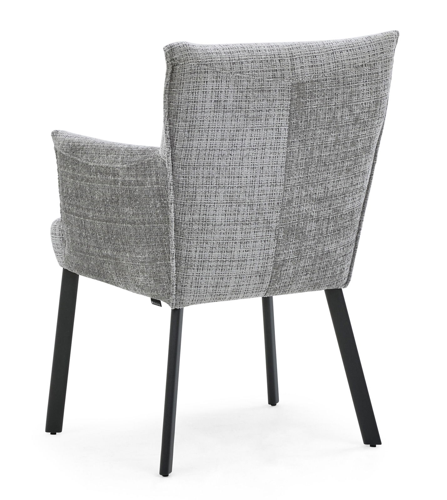 Rückansicht eines grauen Armlehnstuhls mit schwarzem Metallgestell.