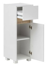 Weißer Unterschrank mit einer offenen Schublade und einer geöffneten Tür, aus der Perspektive von vorne rechts.