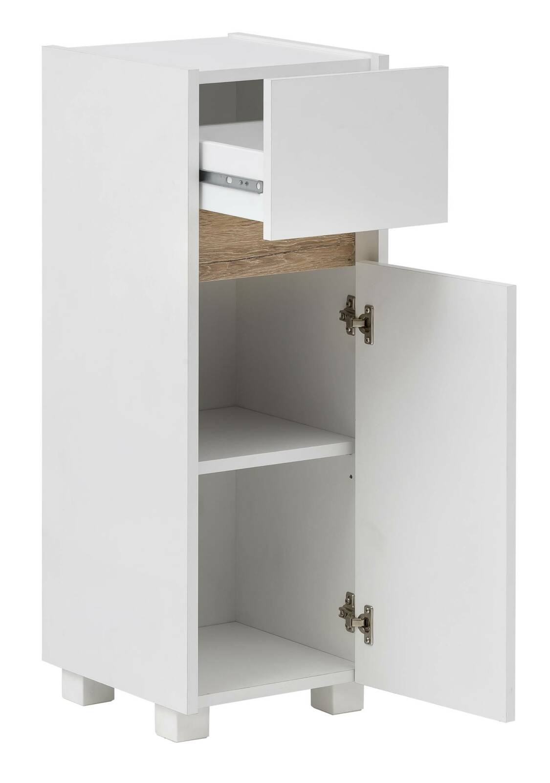 Weißer Unterschrank mit einer offenen Schublade und einer geöffneten Tür, aus der Perspektive von vorne rechts.