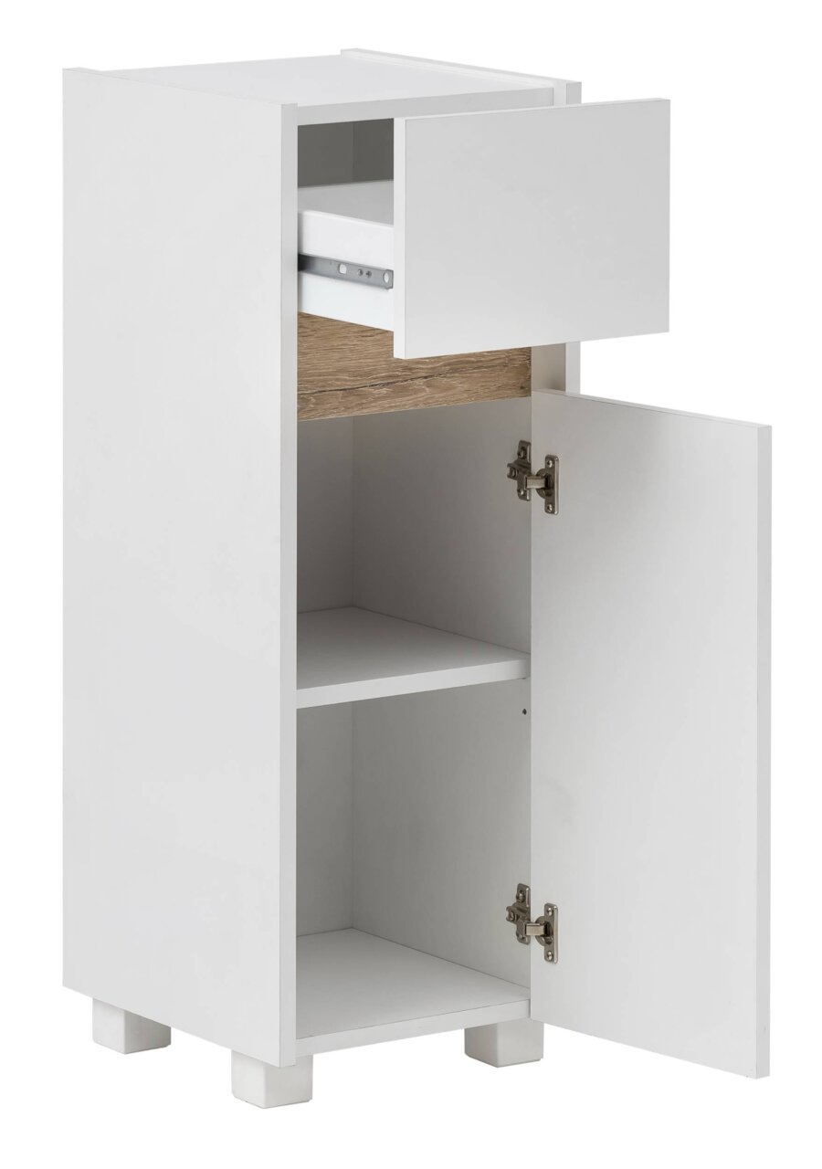 Weißer Unterschrank mit einer offenen Schublade und einer geöffneten Tür, aus der Perspektive von vorne rechts.