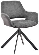 Moderner grauer Sessel mit gepolstertem Sitz und Rückenlehne, auf einem schwarzen Metallgestell mit vier Beinen. Perspektive: Frontalansicht.