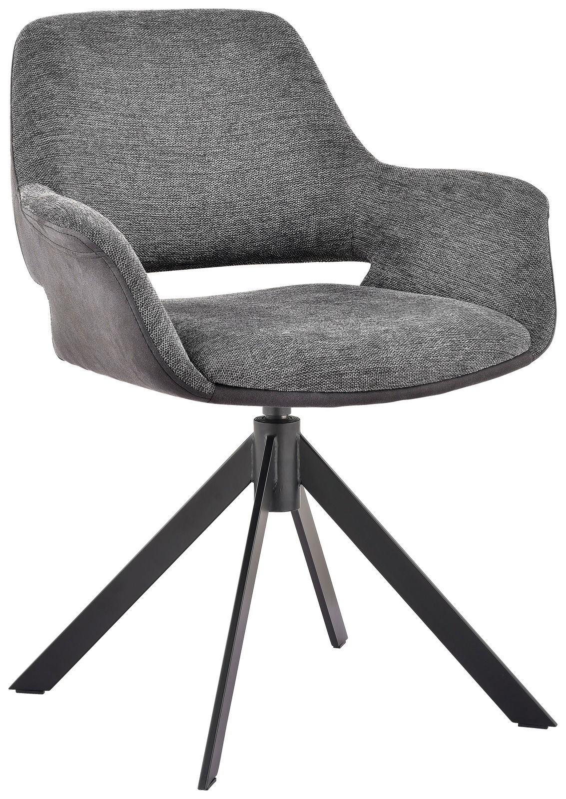 Moderner grauer Sessel mit gepolstertem Sitz und Rückenlehne, auf einem schwarzen Metallgestell mit vier Beinen. Perspektive: Frontalansicht.