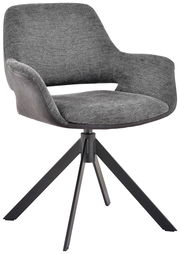 Moderner grauer Sessel mit gepolstertem Sitz und Rückenlehne, auf einem schwarzen Metallgestell mit vier Beinen. Perspektive: Frontalansicht.