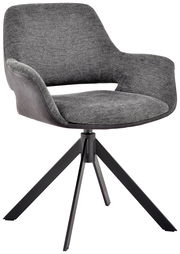 Moderner grauer Sessel mit gepolstertem Sitz und Rückenlehne, auf einem schwarzen Metallgestell mit vier Beinen. Perspektive: Frontalansicht.