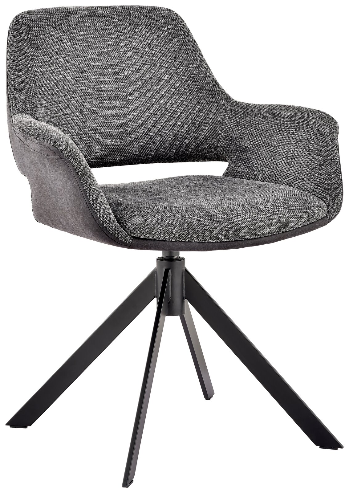 Moderner grauer Sessel mit gepolstertem Sitz und Rückenlehne, auf einem schwarzen Metallgestell mit vier Beinen. Perspektive: Frontalansicht.