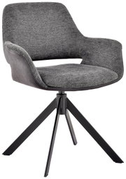 Moderner grauer Sessel mit gepolstertem Sitz und Rückenlehne, auf einem schwarzen Metallgestell mit vier Beinen. Perspektive: Frontalansicht.