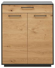 Frontansicht einer Schuhkommode mit Holzoptik und schwarzen Griffen