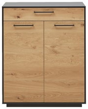 Frontansicht einer Schuhkommode mit Holzoptik und schwarzen Griffen