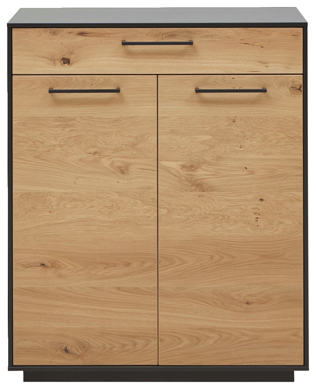 Frontansicht einer Schuhkommode mit Holzoptik und schwarzen Griffen