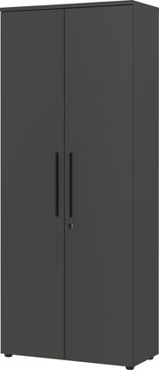 Schwarzer Aktenschrank mit zwei Türen und Griffen, frontale Ansicht