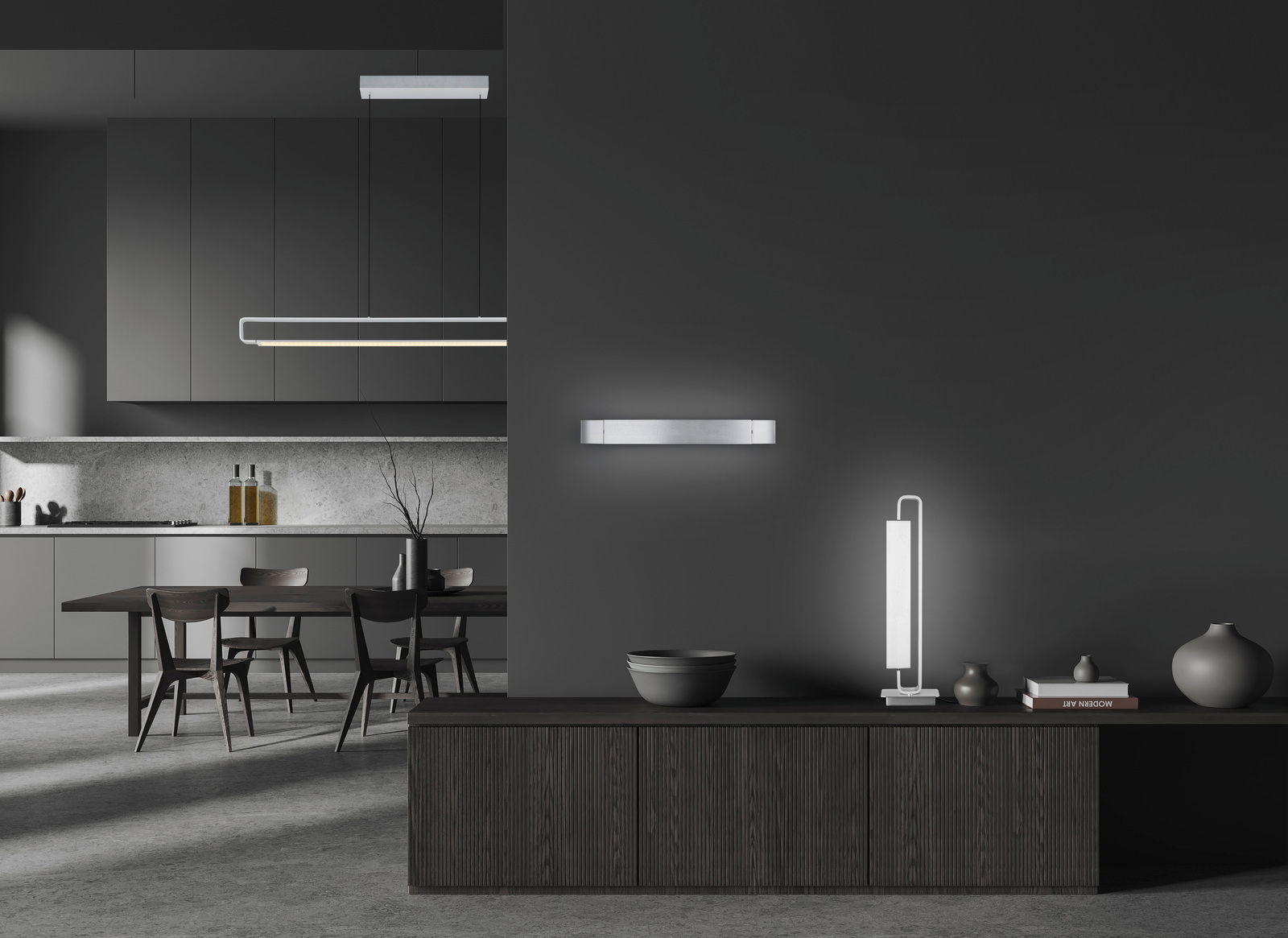 Moderne LED-Wandleuchte BOX in einem stilvollen, dunklen Interieur, seitliche Perspektive