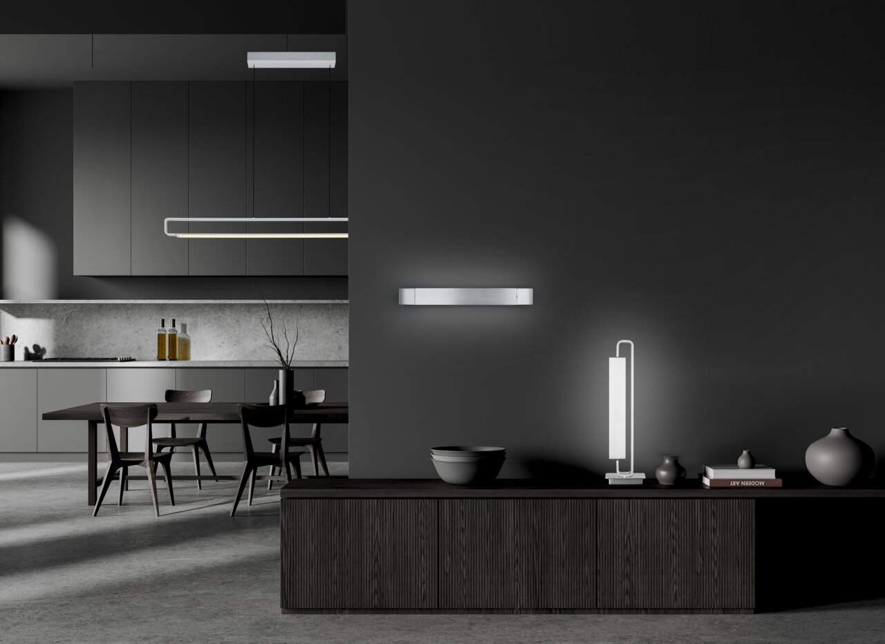 Moderne LED-Wandleuchte BOX in einem stilvollen, dunklen Interieur, seitliche Perspektive