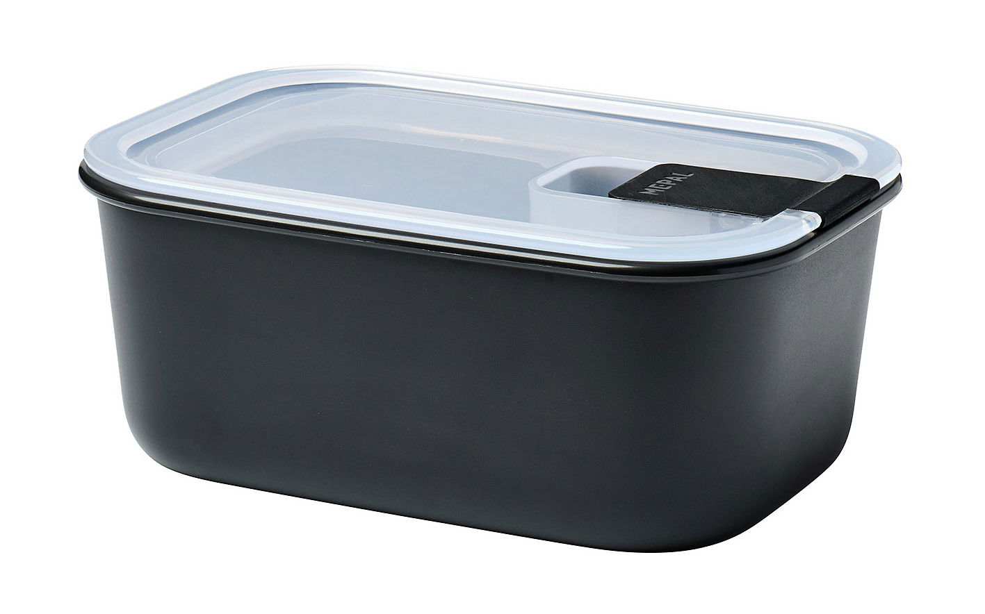 Rechteckige Frischhaltedose Easyclip 700 ml in Schwarz mit transparentem Deckel, seitliche Perspektive