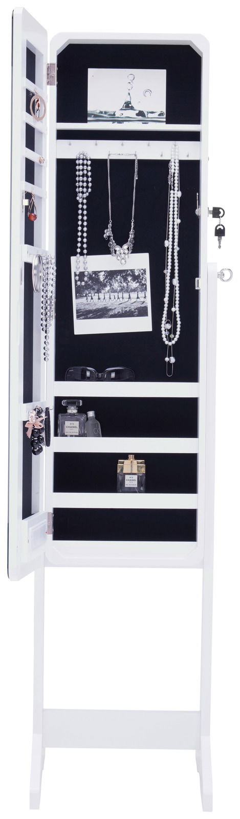 Offener LED-Schmuckstandspiegel mit Schmuck und Accessoires, Frontalansicht