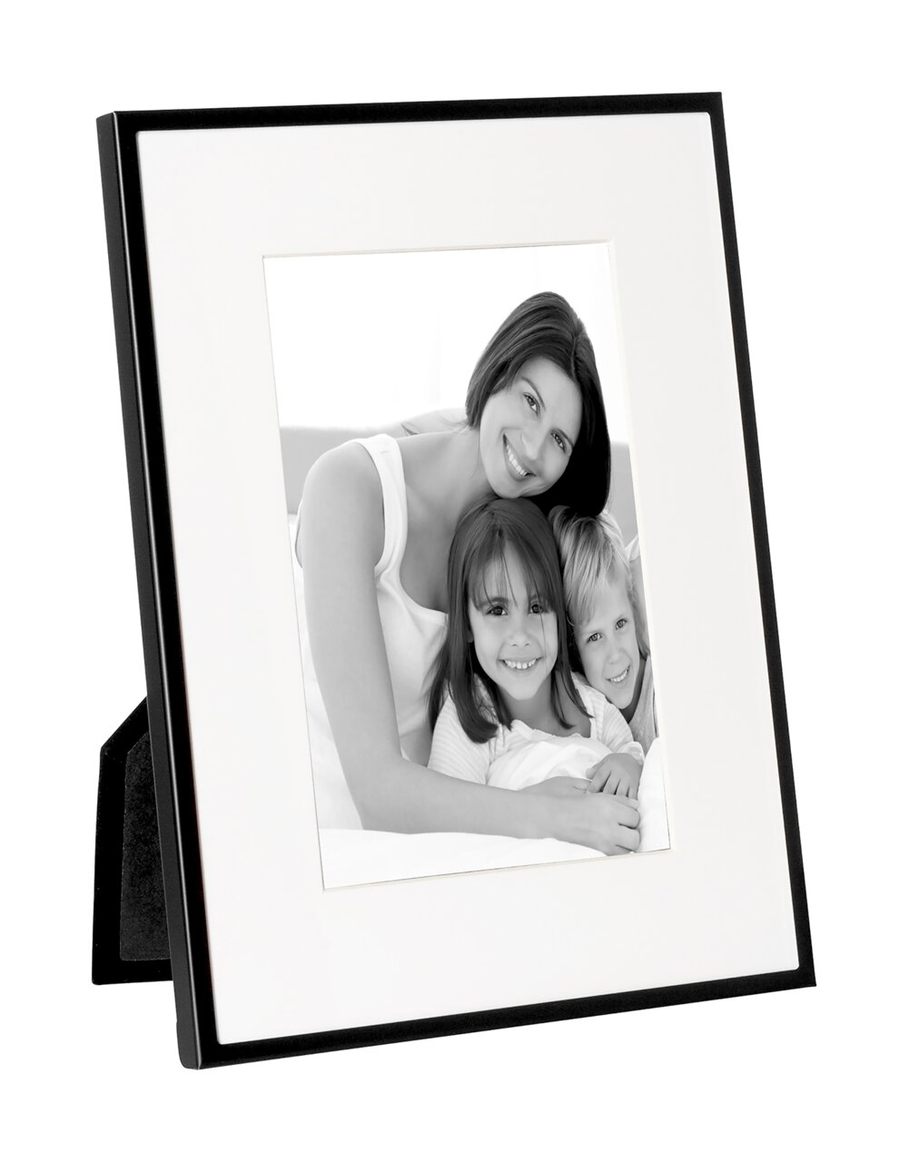 Zwart aluminium frame met een familiefoto, zijaanzicht