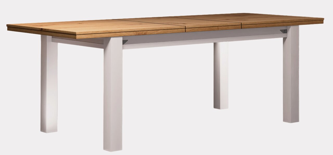 Moderner Esstisch mit Holzplatte und weißen Beinen, seitliche Perspektive