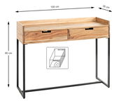 Konsole aus Massivholz mit zwei Schubladen und Metallgestell, seitliche Perspektive