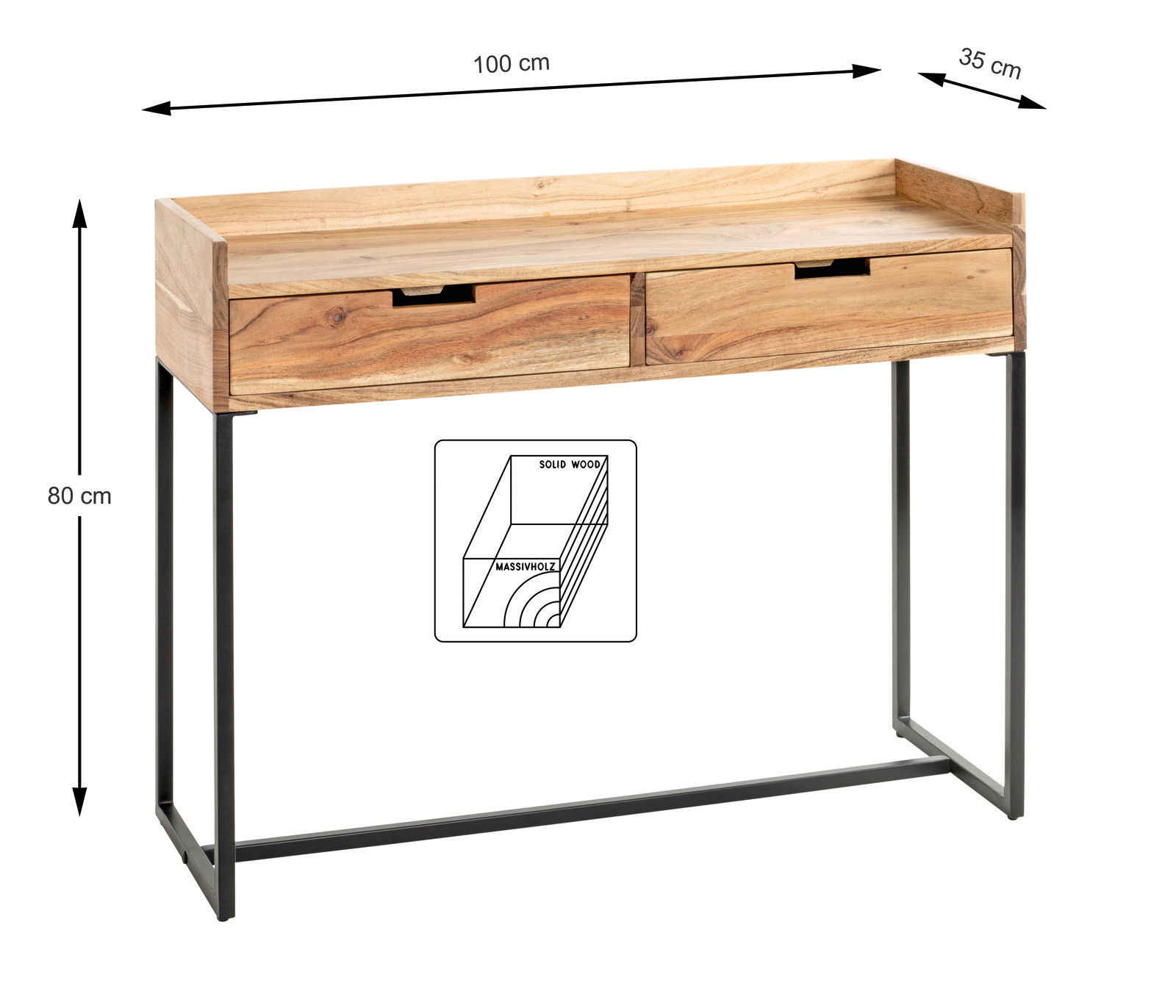 Konsole aus Massivholz mit zwei Schubladen und Metallgestell, seitliche Perspektive