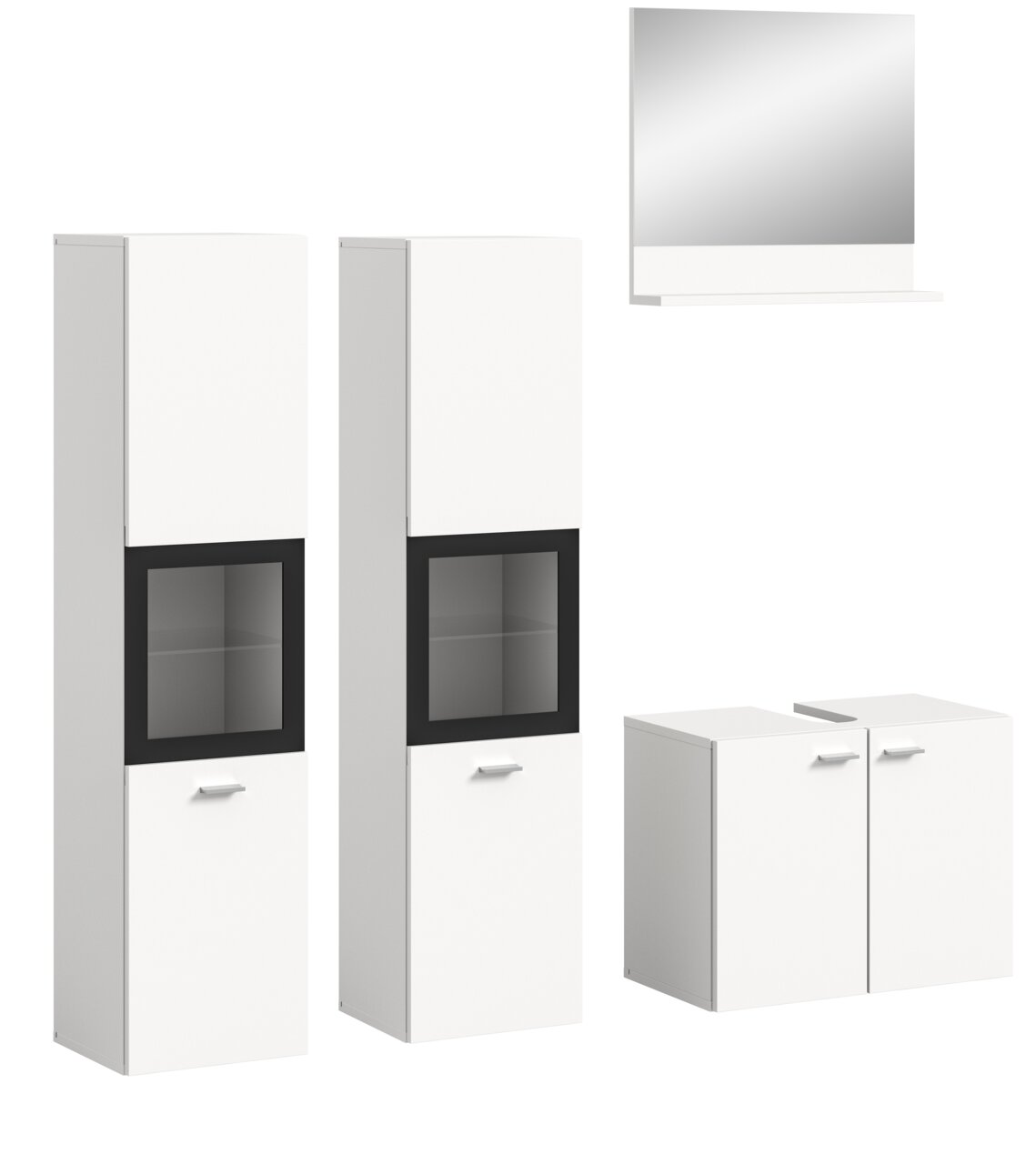 MID.YOU Badkamercombinatie BOSTON Moderne Badkombination mit zwei hohen weißen Schränken mit Glaseinsätzen, einem Wandspiegel und einem weißen Unterschrank. Frontalansicht.