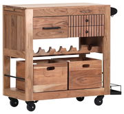 Servierwagen aus Holz mit Schubladen, Weinregal und Rollen, seitliche Perspektive