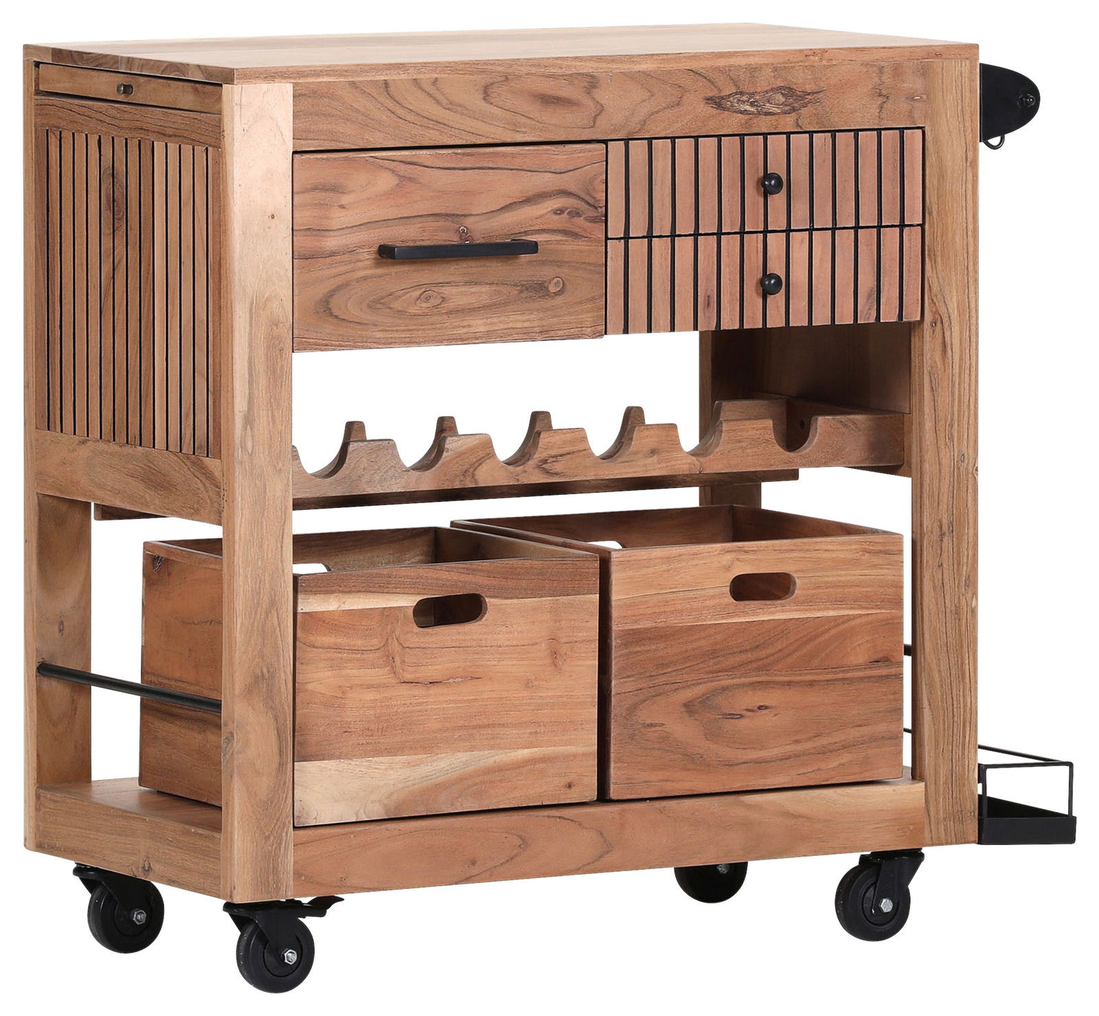 Servierwagen aus Holz mit Schubladen, Weinregal und Rollen, seitliche Perspektive