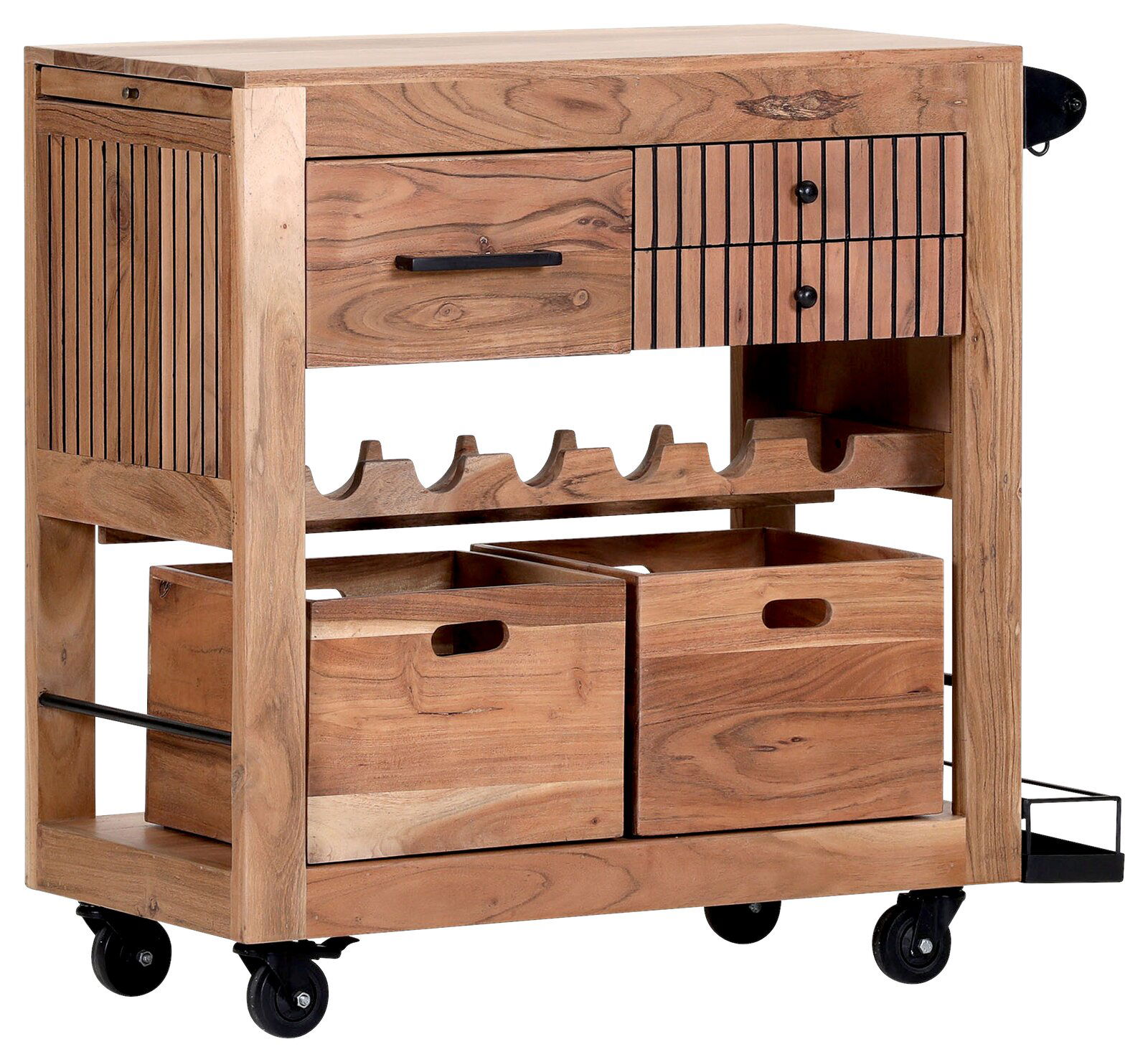 Landscape Servierwagen AKAZIO Servierwagen aus Holz mit Schubladen, Weinregal und Rollen, seitliche Perspektive