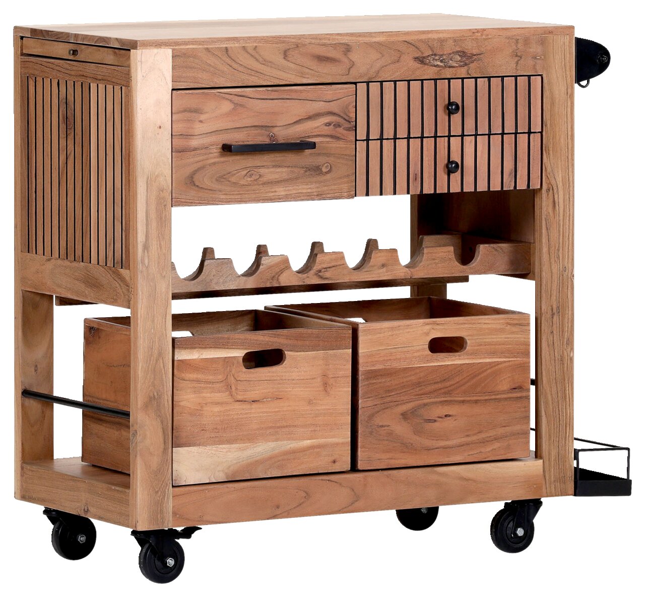 Servierwagen aus Holz mit Schubladen, Weinregal und Rollen, seitliche Perspektive