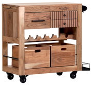 Servierwagen aus Holz mit Schubladen, Weinregal und Rollen, seitliche Perspektive