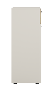 Seitenansicht eines Aktenschranks mit Schloss auf der rechten Seite, in neutraler Farbe.