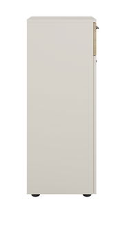 Seitenansicht eines Aktenschranks mit Schloss auf der rechten Seite, in neutraler Farbe.