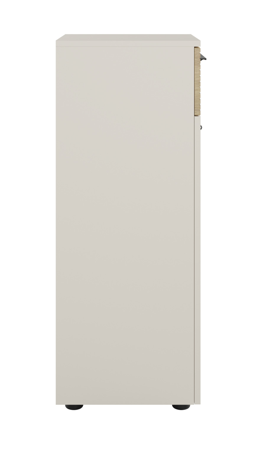 Seitenansicht eines Aktenschranks mit Schloss auf der rechten Seite, in neutraler Farbe.