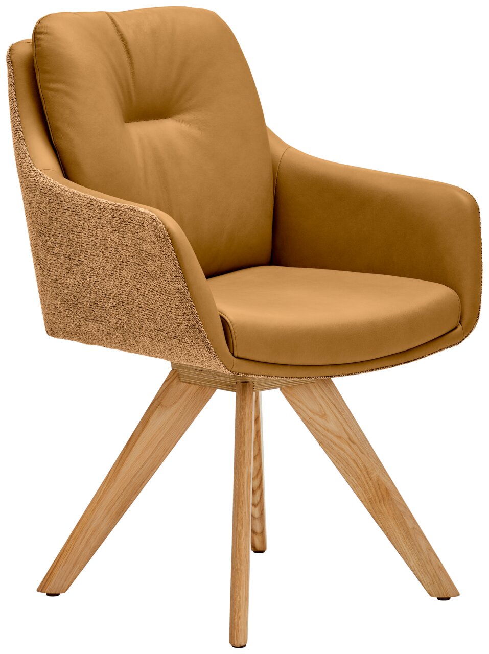 Waldwelt Fauteuil ARUBA Moderner Armlehnstuhl mit braunem Lederbezug und Holzbeinen, seitliche Perspektive
