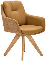 Moderner Armlehnstuhl mit braunem Lederbezug und Holzbeinen, seitliche Perspektive