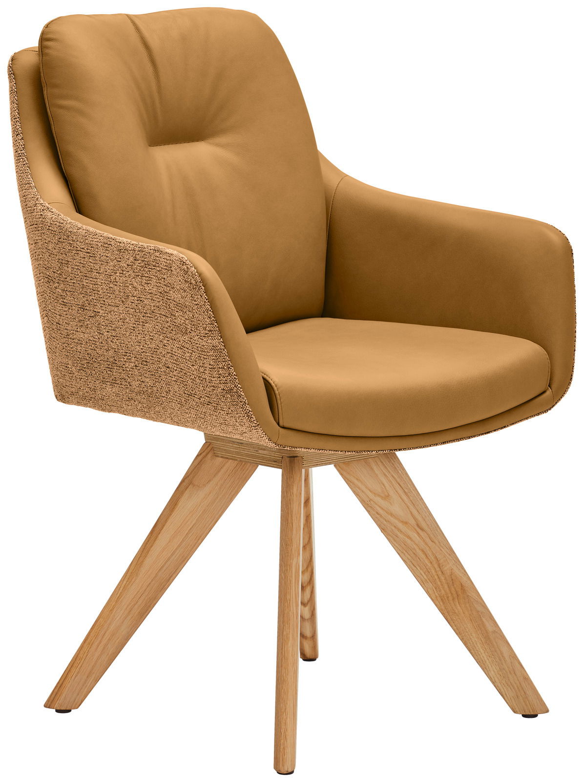 Moderner Armlehnstuhl mit braunem Lederbezug und Holzbeinen, seitliche Perspektive