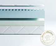 Querschnitt einer Jugendmatratze Duosoft mit mehreren Schichten aus Schaumstoff, seitliche Perspektive, Julius Zöllner Qualitätssiegel sichtbar