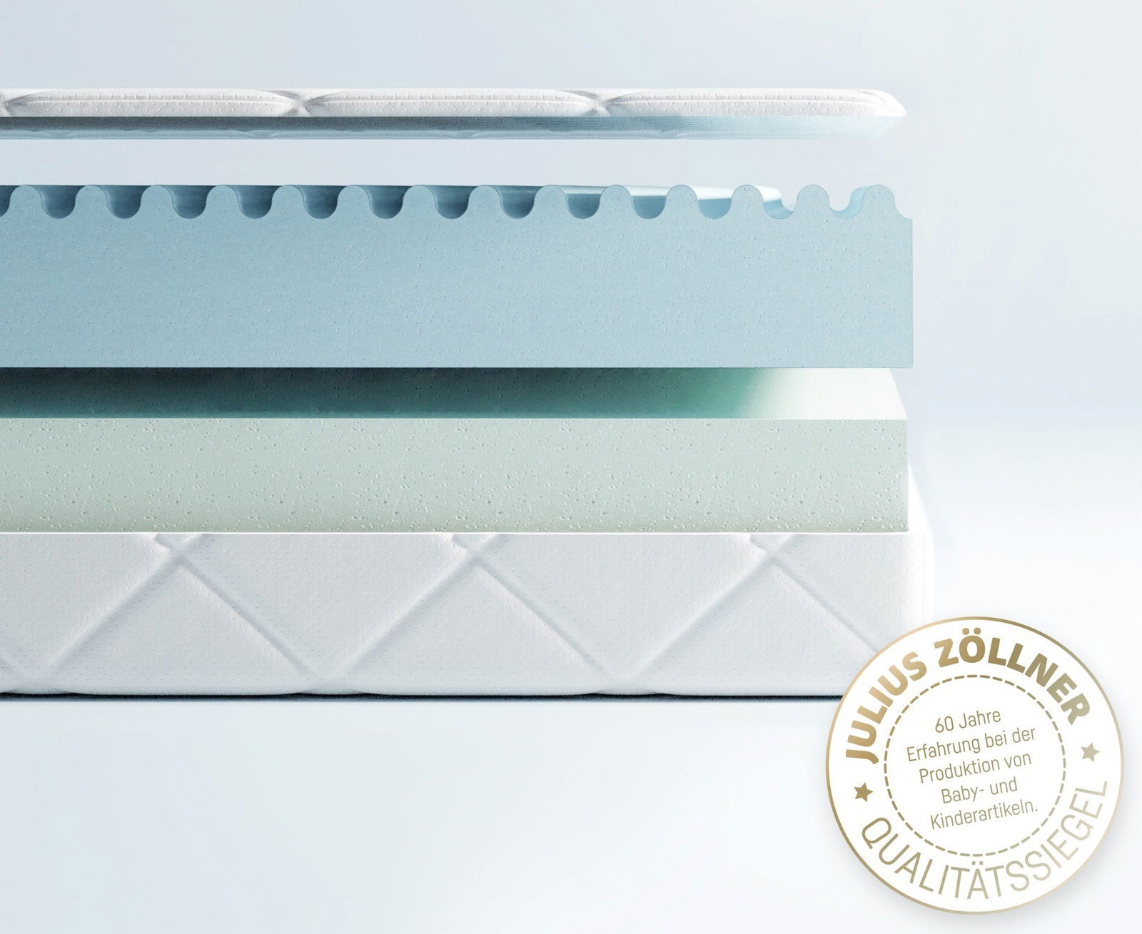 Querschnitt einer Jugendmatratze Duosoft mit mehreren Schichten aus Schaumstoff, seitliche Perspektive, Julius Zöllner Qualitätssiegel sichtbar