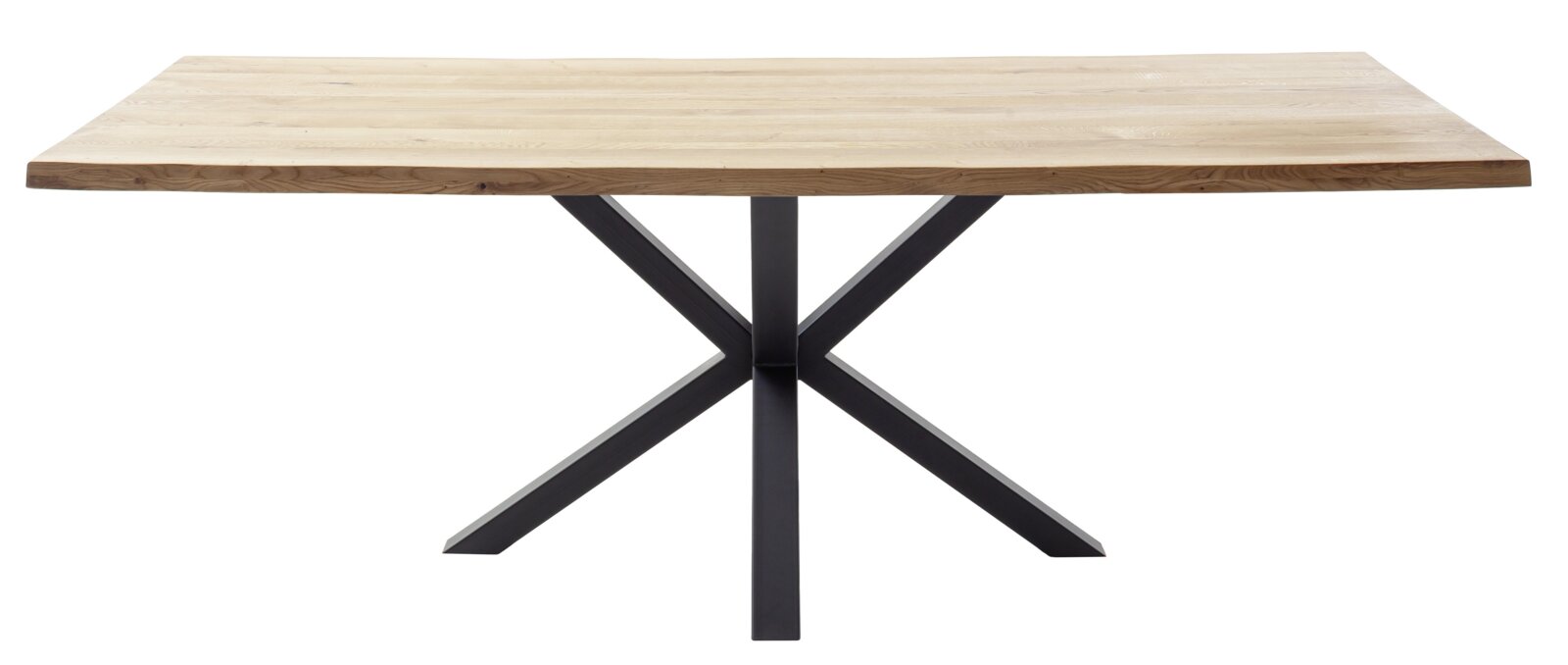 Moderner Esstisch mit Holzplatte und schwarzem Metallgestell, seitliche Perspektive