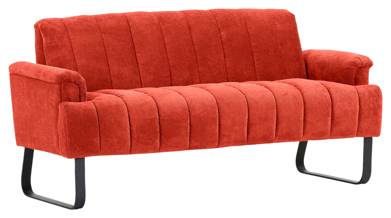 Rote 2er-Sitzbank mit gestepptem Stoffbezug und schwarzen Metallbeinen, seitliche Perspektive