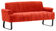 Rote 2er-Sitzbank mit gestepptem Stoffbezug und schwarzen Metallbeinen, seitliche Perspektive