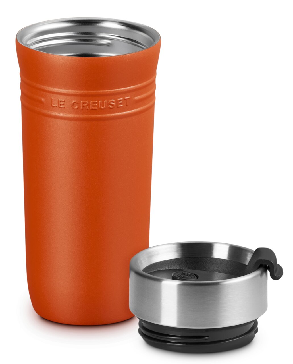 Thermobecher 350ml in Ofenrot mit abgenommenem Deckel, seitliche Perspektive