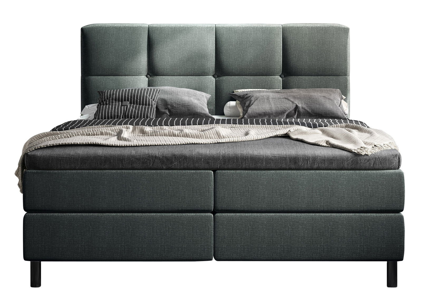 Boxbett in Frontansicht mit grauem Kopfteil und Bettwäsche in verschiedenen Grautönen