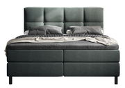 Boxbett in Frontansicht mit grauem Kopfteil und Bettwäsche in verschiedenen Grautönen