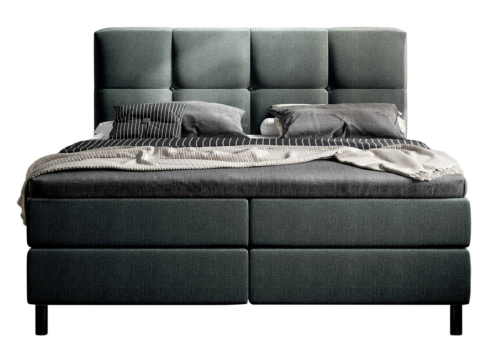 Boxbett in Frontansicht mit grauem Kopfteil und Bettwäsche in verschiedenen Grautönen