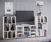 Frontale Wohnzimmerszene mit weißen Medien- und Regalmodulen auf Rollen, gefüllt mit Schallplatten, Büchern und DVDs, mit wandmontiertem Flachbild-TV in der Mitte und Plattenspieler links vor grauer Betonwand.
