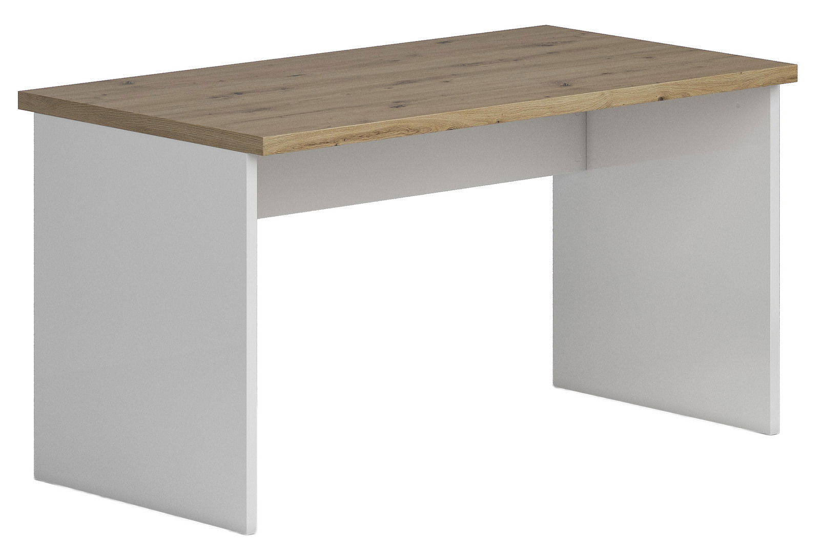 Moderner Wangenschreibtisch mit Holzplatte und weißen Seitenwangen, seitliche Perspektive