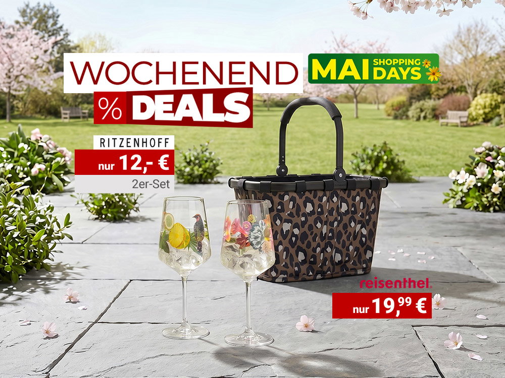Frühlingsszene mit Picknickkorb und Weingläsern, Mai Shopping Days, Wochenend-Deals mit reduzierten Preisen