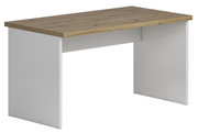 Moderner Wangenschreibtisch mit Holzplatte und weißen Seitenwangen, seitliche Perspektive