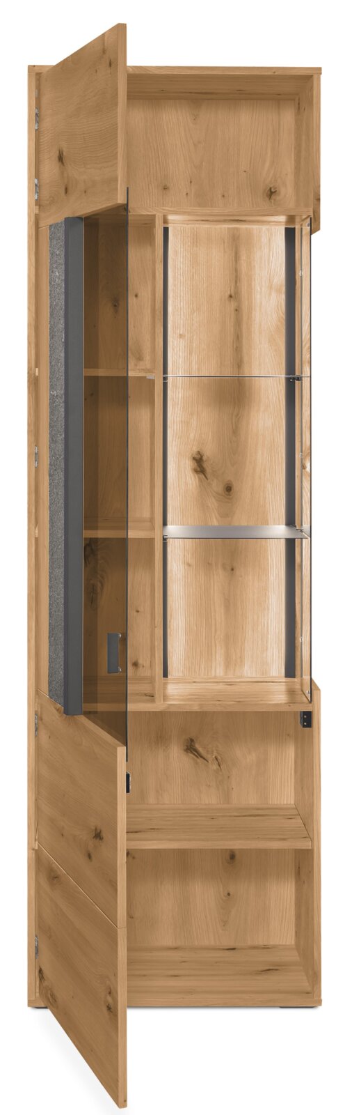 Set one by Musterring Vitrine links DELTONA Holzvitrine mit Glastür, teilweise geöffnet, aus seitlicher Perspektive