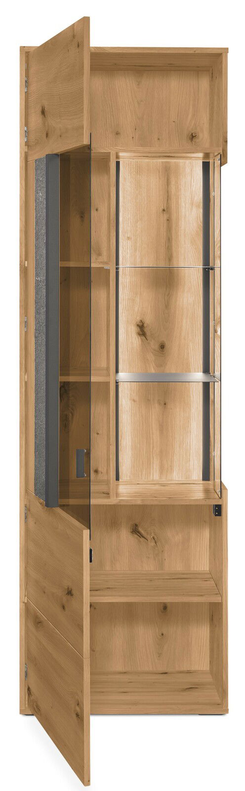 Holzvitrine mit Glastür, teilweise geöffnet, aus seitlicher Perspektive